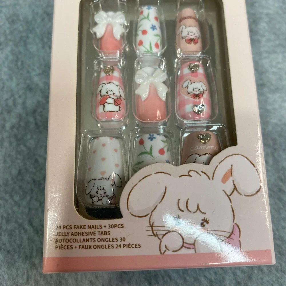 Miniso Mikko Illustration False Nails Kids Pink Cammy Bunny 3D Bows NEW NIB 24pc
